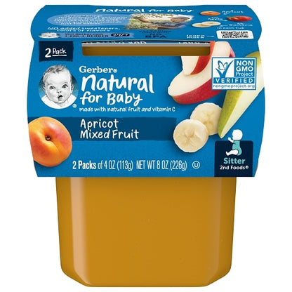 Gerber Natural for Baby Non-GMO Apricot Mixed Fruit Puree Baby Food Tub, 2x 4 oz Tubs, 8 x 8 oz Case - Baby Food