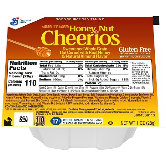 Cheerios Honey Nut Whole Grain Oats Cereal, 96 x 1 oz Case - Plates Bowls