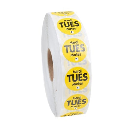 NCCO National Checking .75 Inch Circle Trilingual Permanent Yellow Tuesday Label, 1 x 2000 each Case - Guest Checks &