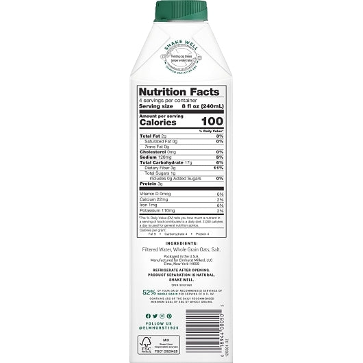 Elmhurst Unsweetened Milked Oats, 6 x 32 fl oz Case - DOT product image 2