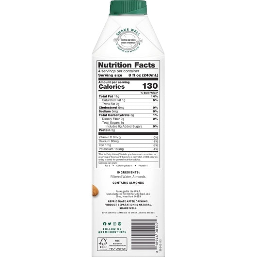 Elmhurst Unsweetened Almond Milk, 6 x 32 fl oz Case - DOT product image 2