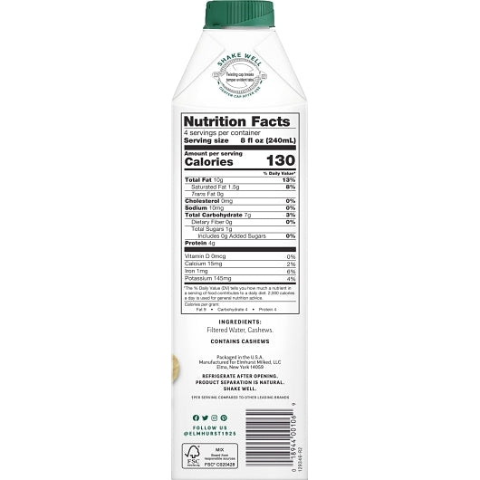 Elmhurst Unsweetened Cashew Milk, 6 x 32 fl oz Case - DOT product image 2