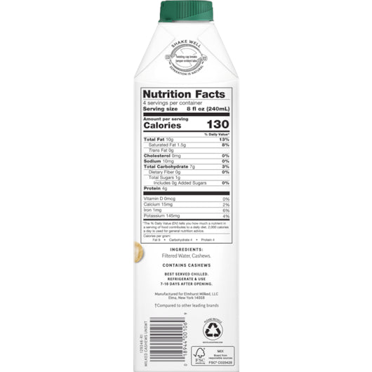 Elmhurst Unsweetened Cashew Milk, 6 x 32 fl oz Case - DOT product image 7