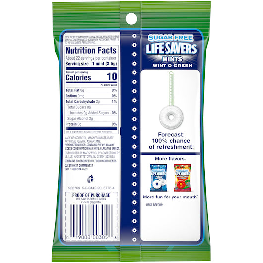 Life Savers CANDY LIFESAVER SUGAR FREE WINT-O-GREEN PEG BAG, 12 x 2.75 oz Case - DOT product image 8