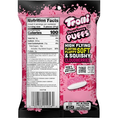 Trolli Puffs Strawberry Gummy Candy Peg Bag, 12 x 4.25 oz Case - Alternate product angle or state
