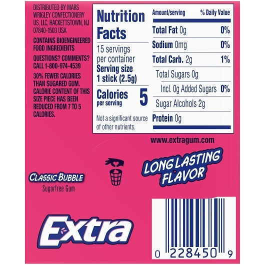Extra 15 Piece/Unit Single Serve Classic Bubble Gum, 12 x 10 x 15 PC Case - Alternate product angle or state