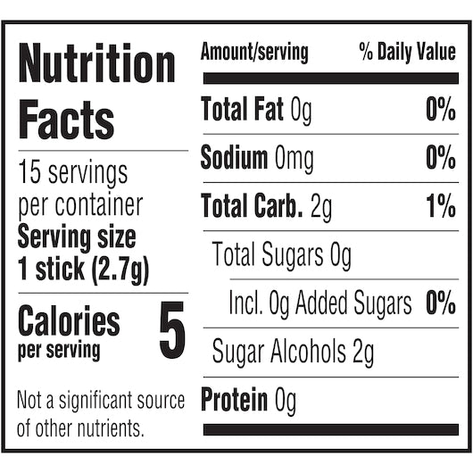 Extra Single Serve Peppermint Gum, 12 x 10 x 15 PC Case - Nutrition facts label