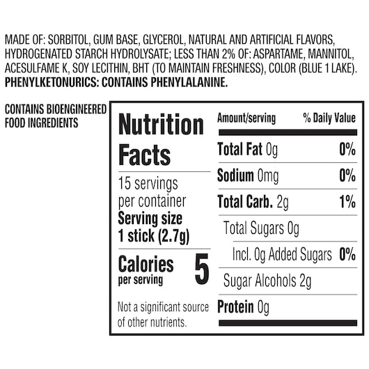 Extra Single Serve Peppermint Gum, 12 x 10 x 15 PC Case - Combined nutrition and ingredients label
