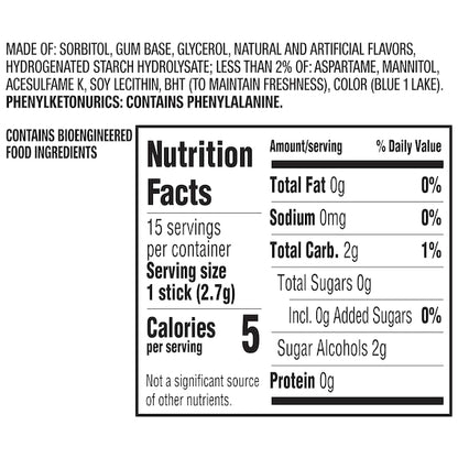 Extra Single Serve Peppermint Gum, 12 x 10 x 15 PC Case - Combined nutrition and ingredients label