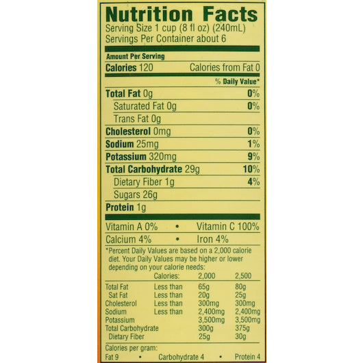 Del Monte Pineapple Juice, 12 x 46 fl oz Case - Nutrition facts label