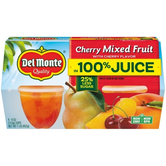 Del Monte Cherry Mixed Fruit in 100% Juice, 6 x 4 oz Case - Dried Fruit & Fruit Snacks