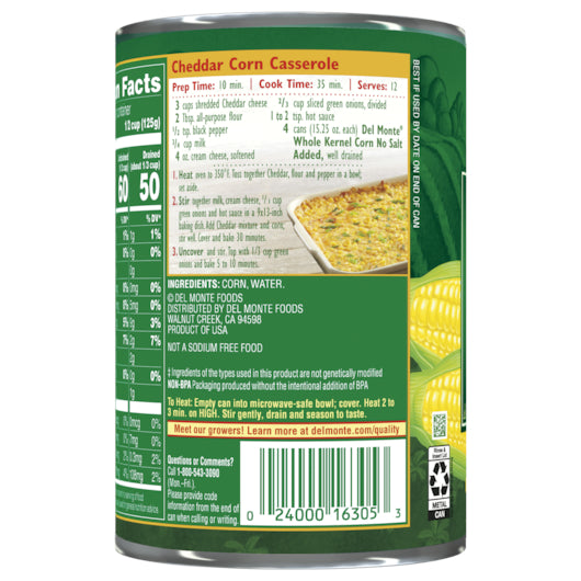 Del Monte No Salt Added Whole Kernel Golden Corn, 24 x 15.25 oz Case - DOT product image 3