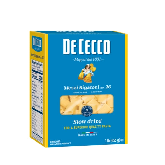 De Cecco No. 26 Mezzi Rigatoni, 12 x 1 lb Case - Pantry Ingredients