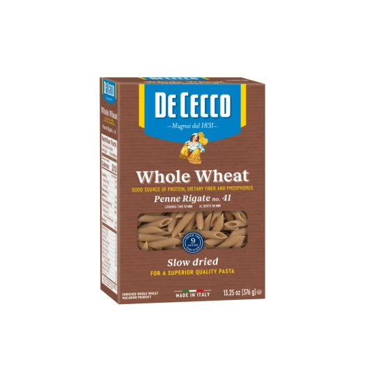 De Cecco No. 41 100% Whole Wheat Penne Rigate, 12 x 0.83 lb Case - Pantry Ingredients