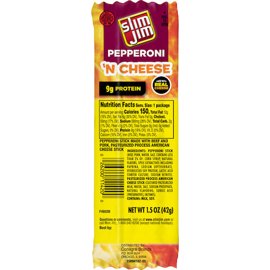 Slim Jim Pork & Beef Pepperoni 'N Cheese Snack Sticks, 6 x 18 x 1.5 oz Case - Meat Snacks