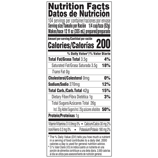Nescafe French Vanilla Cappuccino Mix, 6 x 2 lb Case - Nutrition facts label