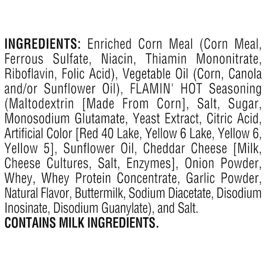 Cheetos Crunchy Flamin Hot Cheese Flavored Snack, 64 x 2 oz Case - Ingredients label
