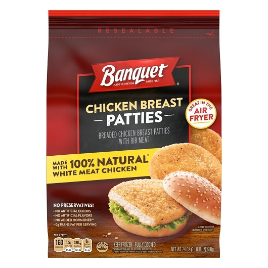 Banquet Chicken Breast Patties Bagged, 8 x 24 oz Case - Frozen Meat & Seafood