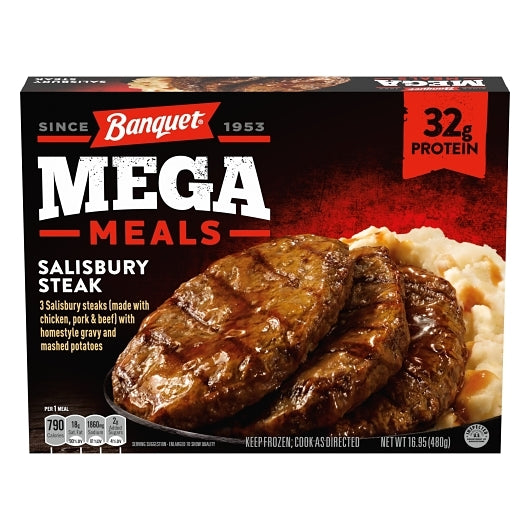 Banquet Salisbury Steak Mega Meal, 8 x 16.95 oz Case - Prepared Foods