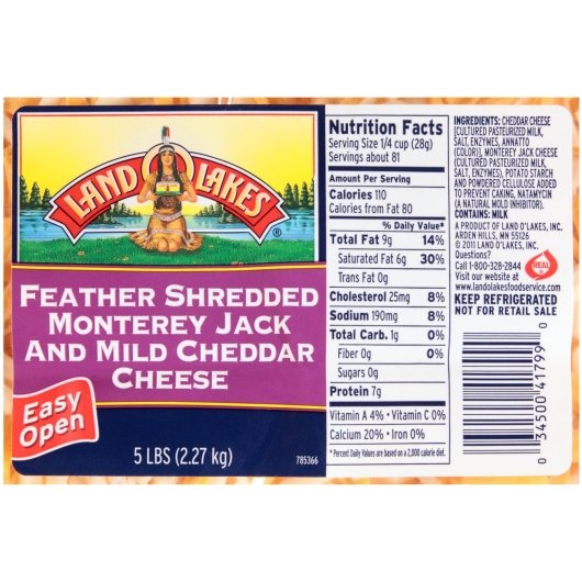 Land O Lakes Feather Shred Monterey Jack & Mild Cheddar Blend, 4 x 5 lb Case - Cheese & Dairy