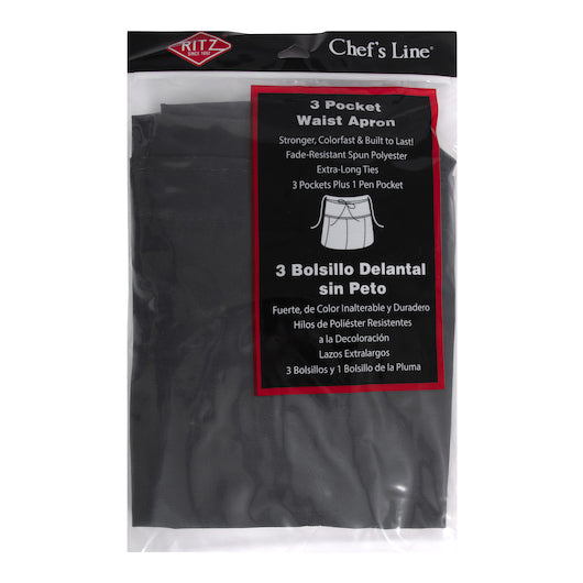 Ritz Chef Black 3 Pocket Waist Apron, 1 x 12 ct Case - Foodservice Apparel
