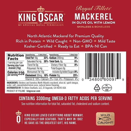 King Oscar Royal Fillet Skinless Boneless Mackerel In Olive Oil And Lemon, 12 x 4.05 oz Case - DOT product image 2