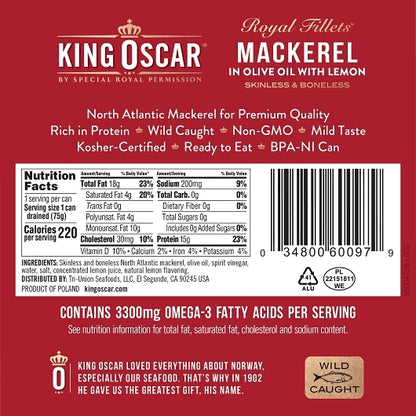 King Oscar Royal Fillet Skinless Boneless Mackerel In Olive Oil And Lemon, 12 x 4.05 oz Case - DOT product image 2