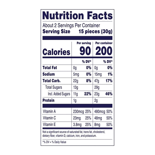 Welch's Mixed Fruit Fruit Snacks, 48 x 2.25 oz Case - Nutrition facts label