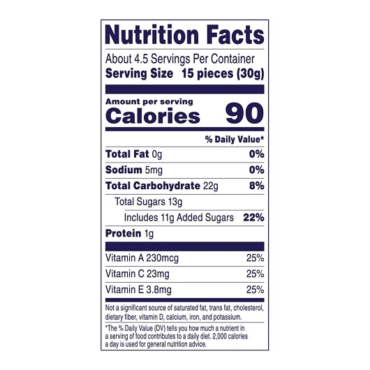 Welchs Strawberry Fruit Snacks, 12 x 5 oz Case - Nutrition facts label