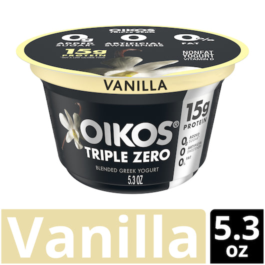 Oikos Triple Zero Nonfat Vanilla Blended Greek Yogurt, 12 x 5.3 oz Case - DOT product image 2
