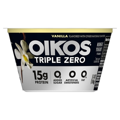 Oikos Triple Zero Nonfat Vanilla Blended Greek Yogurt, 12 x 5.3 oz Case - Cheese & Dairy