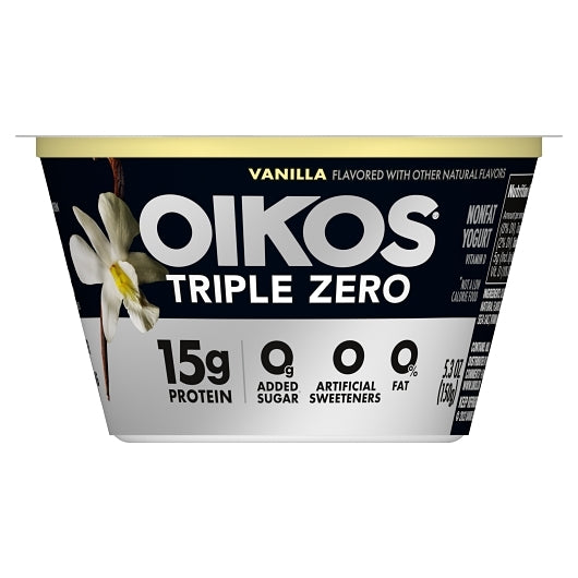 Oikos Triple Zero Nonfat Vanilla Blended Greek Yogurt, 12 x 5.3 oz Case - Cheese & Dairy