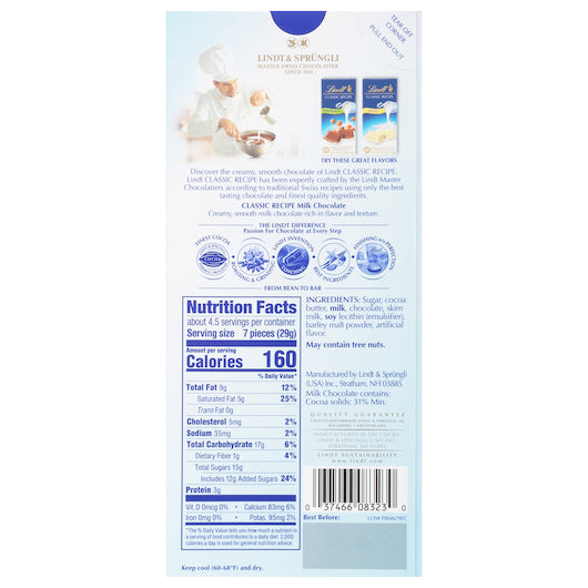 Lindt Classic Recipe Chocolate Bar Milk Chocolate, 6 x 12 x 4.4 oz Case - DOT product image 4