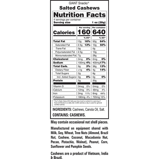 Giant Snack Giants Cashew Salted, 8 x 4 oz Case - DOT product image 2