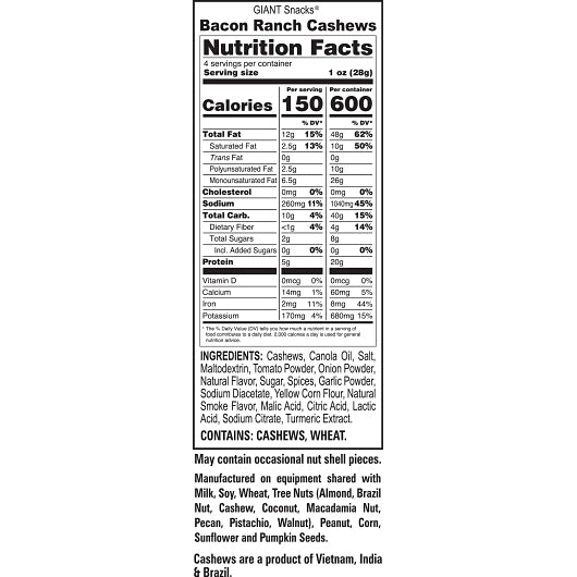 Giant Snack Giants Cashews Bacon Ranch, 8 x 4 oz Case - DOT product image 2