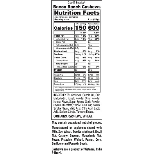 Giant Snack Giants Cashews Bacon Ranch, 8 x 4 oz Case - DOT product image 3