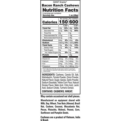 Giant Snack Giants Cashews Bacon Ranch, 8 x 4 oz Case - DOT product image 3