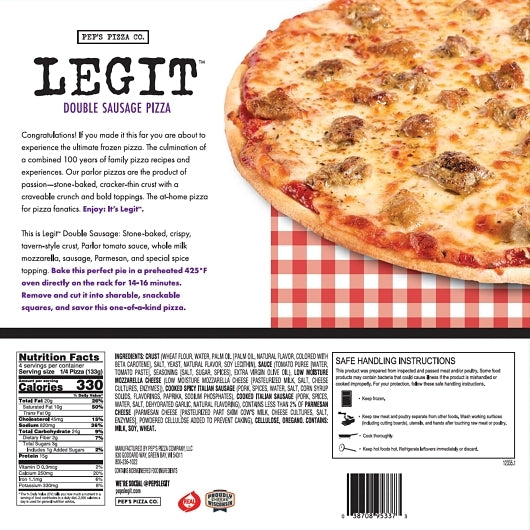 Pep's Legit Stone-baked Crispy Tavern Style Double Sausage Pizza, 6 x 17.8 oz Case - Prepared Foods