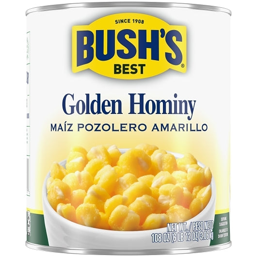 Bushs Best Golden Hominy, 6 x 108 oz Case - Front/center packaged product image
