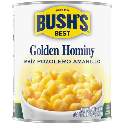 Bushs Best Golden Hominy, 6 x 108 oz Case - Front/center packaged product image