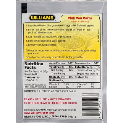 Williams Chili Seasoning Mix, 24 x 1 oz Case - Spices Seasonings