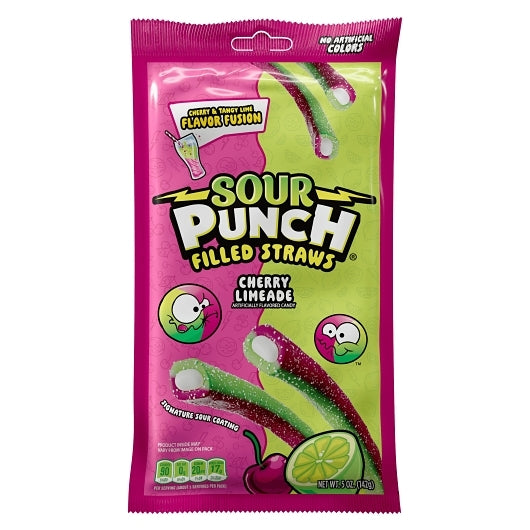 Sour Punch Cherry-Limeade Filled Straws, 12 x 5 oz Case - Candy & Confections