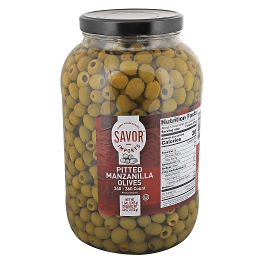 Seville Imports Pitted Manzanilla Olives Glass Jar 340-360 Per Gallon, 4 x 1 GA Case - Condiments & Sauces