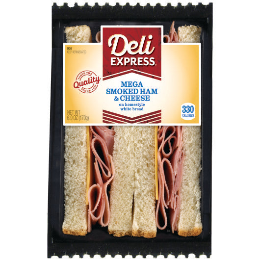 Deli Express Individually Wrapped Mega Smoked Ham & Cheese Sandwich Wedge, 8 x 6 oz Case - Prepared Foods