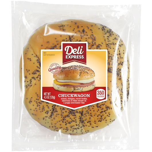 Deli Express Individually Wrapped Chuckwagon On Poppy Seed Kaiser Bun Sandwich, 10 x 4.5 oz Case - Prepared Foods