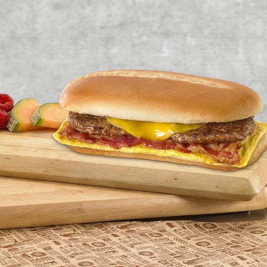 Deli Express Hot-To-Go Individually Wrapped Mega Omelet Egg, Sausage, Bacon, and Cheese Sandwich, 8 x 6.7 oz Case - Alternate product angle or state