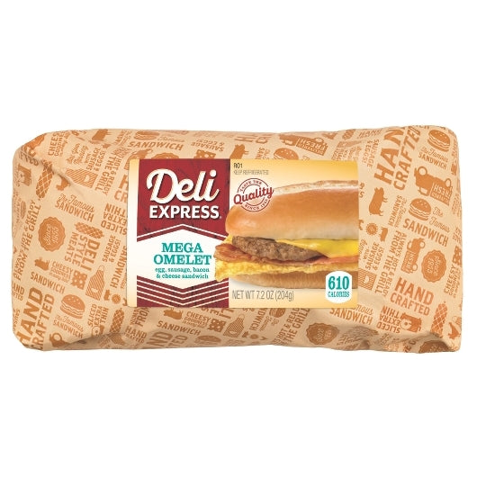 Deli Express Hot-To-Go Individually Wrapped Mega Omelet Egg, Sausage, Bacon, and Cheese Sandwich, 8 x 6.7 oz Case - DOT product image 1