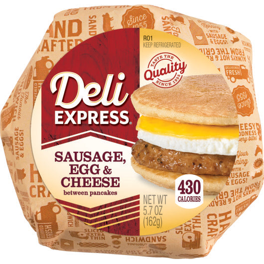 Deli Express Hot-To-Go Individually Wrapped Sausage Egg & Cheese Between Pancake, 12 x 5.2 oz Case - Prepared Foods