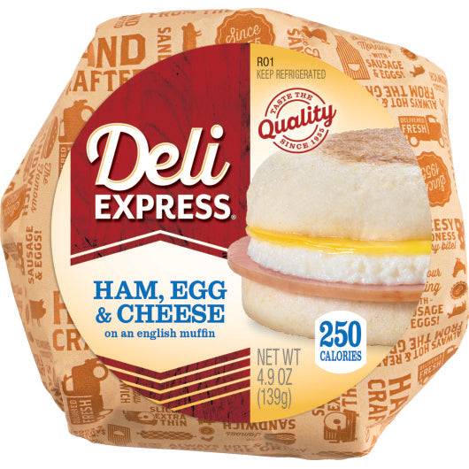 Deli Express Hot-To-Go Individually Wrapped Ham, Egg & Cheese On English Muffin, 14 x 4.7 oz Case - DOT product image 1