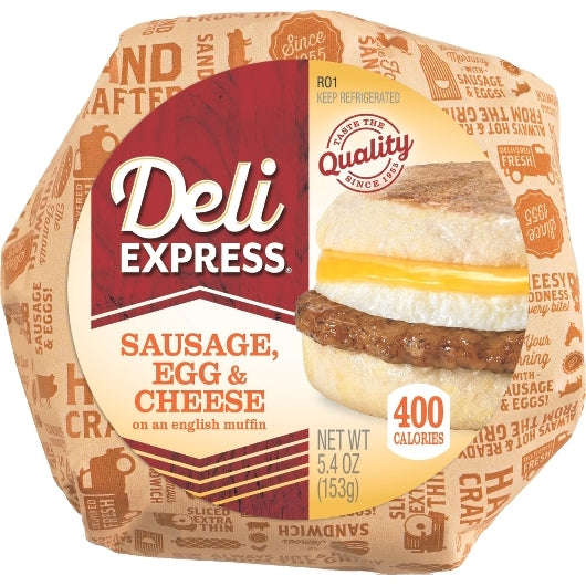 Deli Express Hot-To-Go Individually Wrapped Sausage, Egg & Cheese English Muffin, 12 x 5.1 oz Case - DOT product image 1